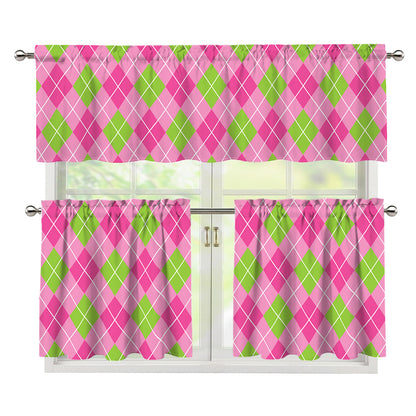 Pink And Green Argyle Pattern Print 3 Piece Kitchen Curtains