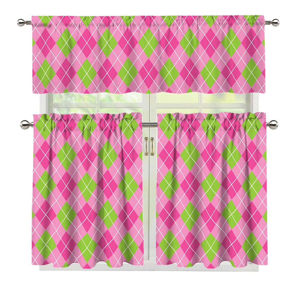 Pink And Green Argyle Pattern Print 3 Piece Kitchen Curtains