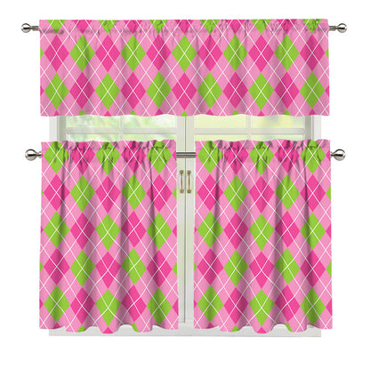 Pink And Green Argyle Pattern Print 3 Piece Kitchen Curtains
