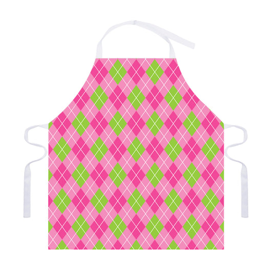 Pink And Green Argyle Pattern Print Adjustable Apron