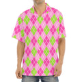 Pink And Green Argyle Pattern Print Aloha Shirt