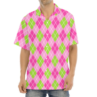 Pink And Green Argyle Pattern Print Aloha Shirt