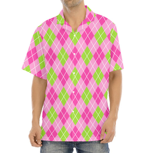 Pink And Green Argyle Pattern Print Aloha Shirt
