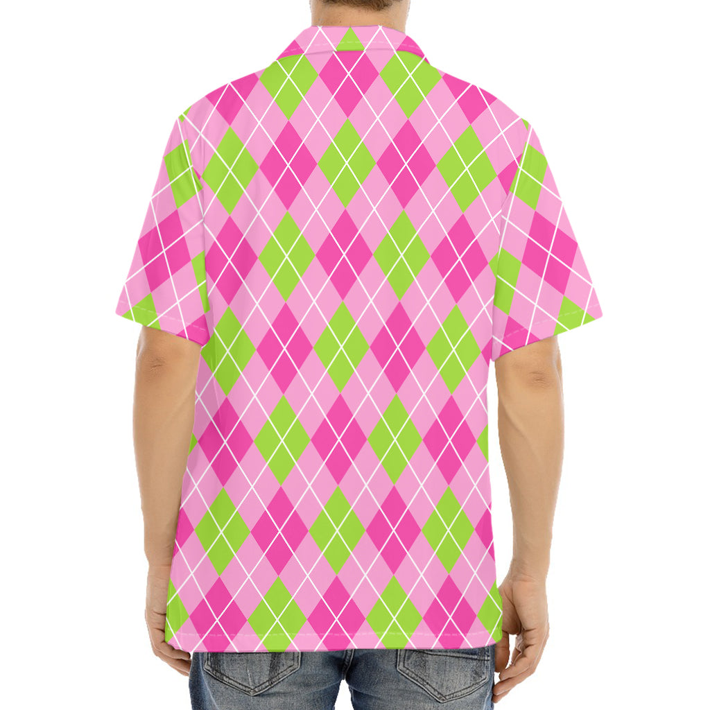 Pink And Green Argyle Pattern Print Aloha Shirt