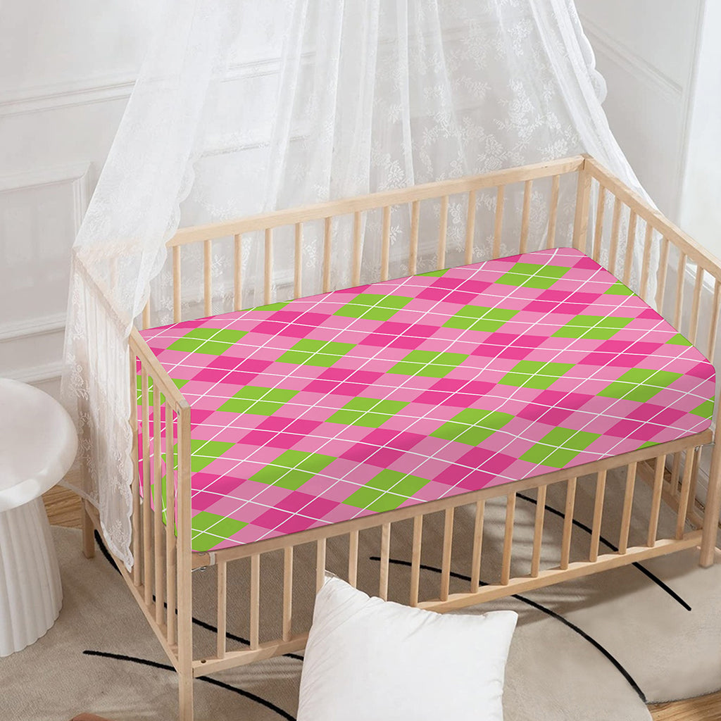 Pink And Green Argyle Pattern Print Baby Crib Sheet