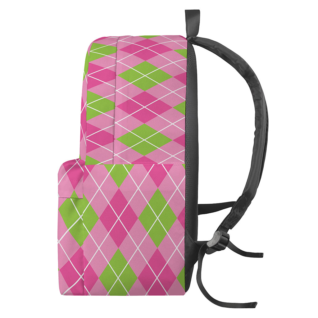Pink And Green Argyle Pattern Print Backpack