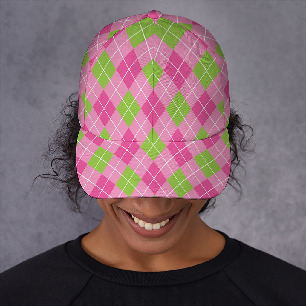 Pink And Green Argyle Pattern Print Baseball Cap