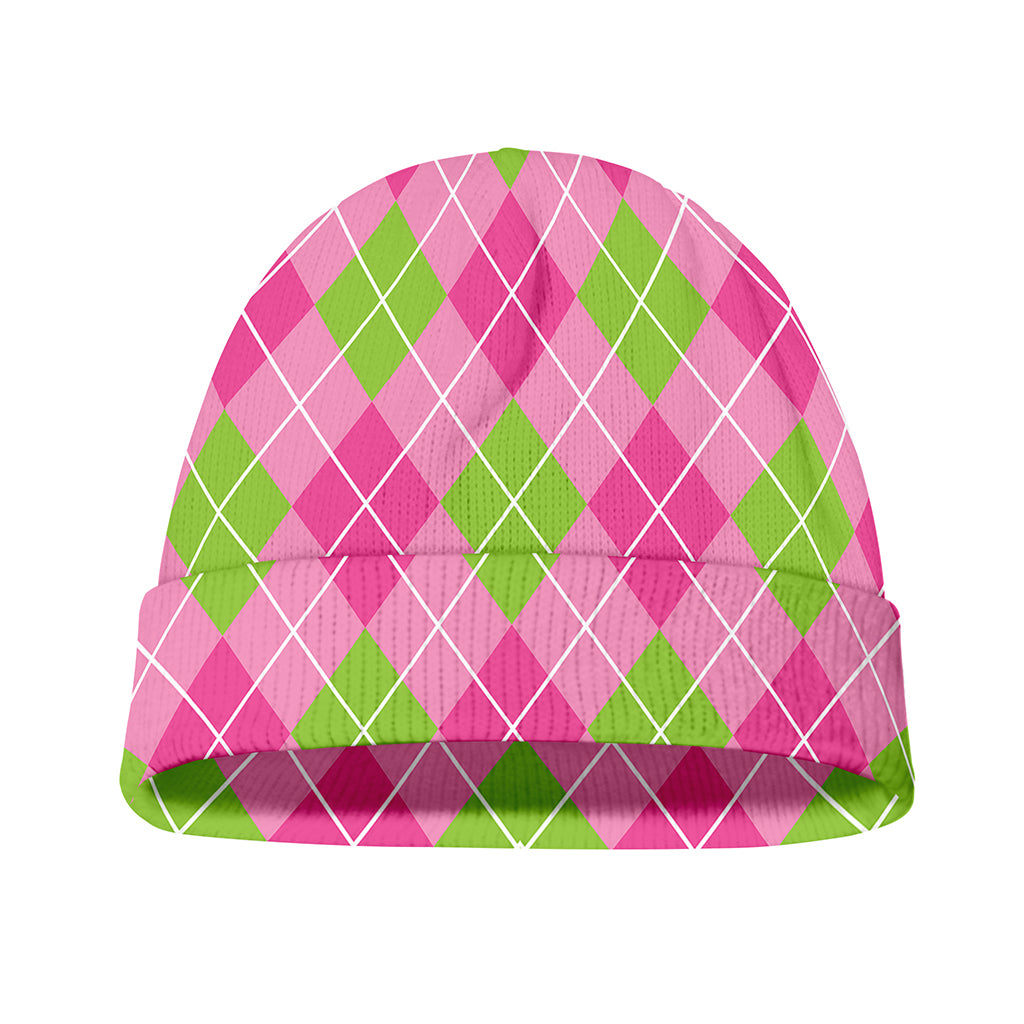 Pink And Green Argyle Pattern Print Beanie