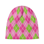 Pink And Green Argyle Pattern Print Beanie