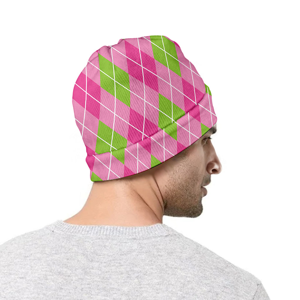 Pink And Green Argyle Pattern Print Beanie