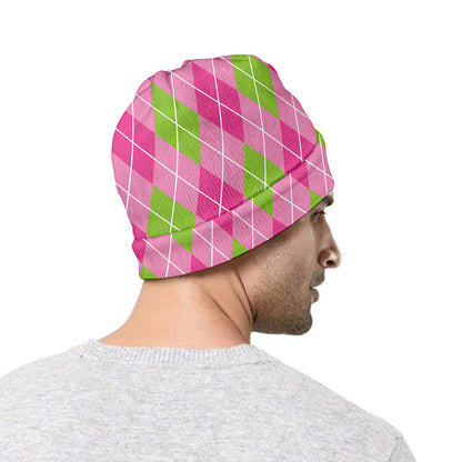 Pink And Green Argyle Pattern Print Beanie