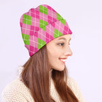 Pink And Green Argyle Pattern Print Beanie