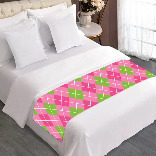 Pink And Green Argyle Pattern Print Bed Runner