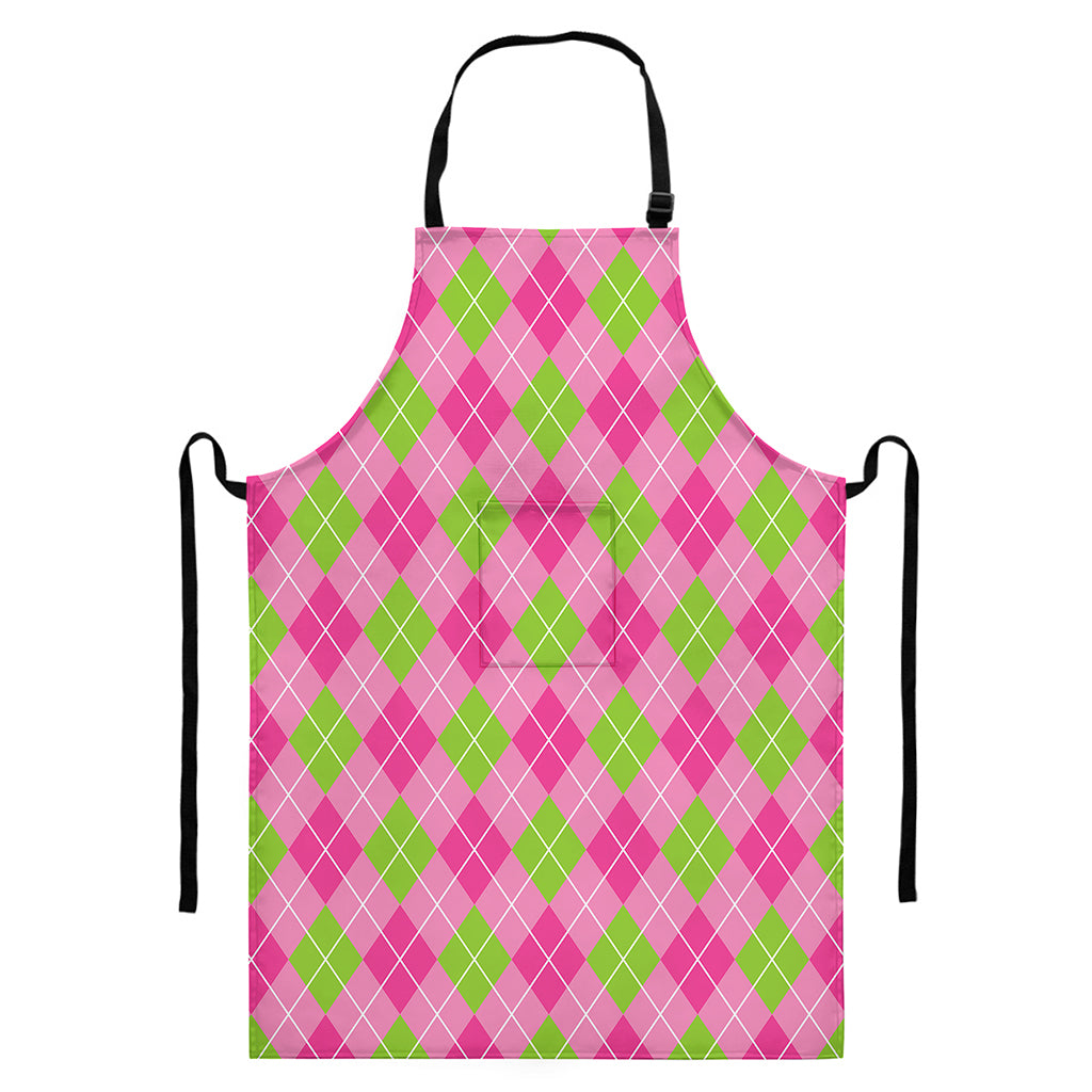 Pink And Green Argyle Pattern Print Bib Apron With Pocket