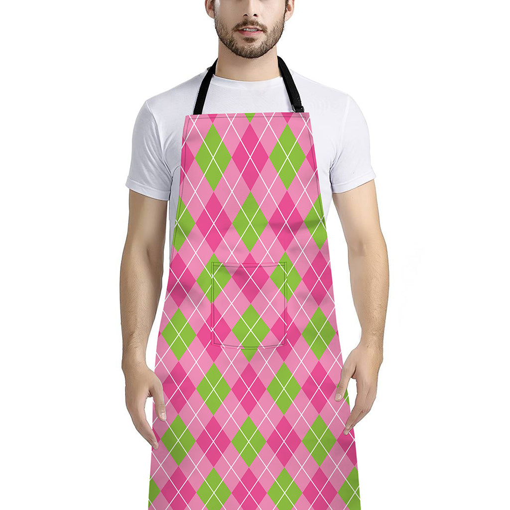 Pink And Green Argyle Pattern Print Bib Apron With Pocket