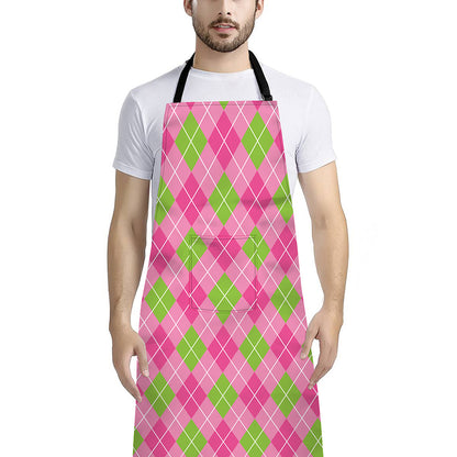 Pink And Green Argyle Pattern Print Bib Apron With Pocket