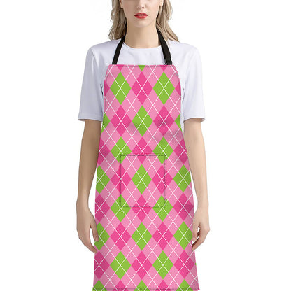 Pink And Green Argyle Pattern Print Bib Apron With Pocket