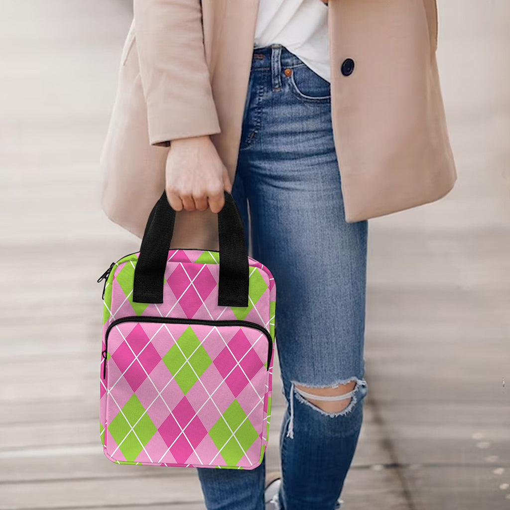 Pink And Green Argyle Pattern Print Bible Tote Bag