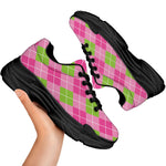 Pink And Green Argyle Pattern Print Black Chunky Shoes