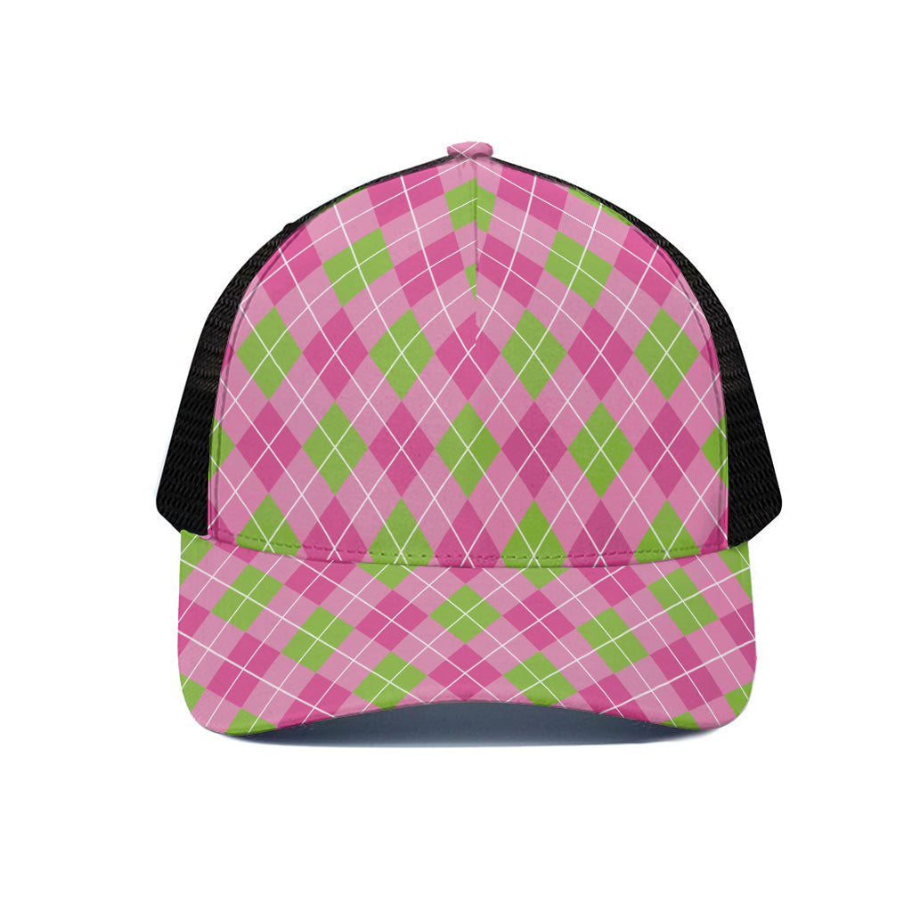 Pink And Green Argyle Pattern Print Black Mesh Trucker Cap