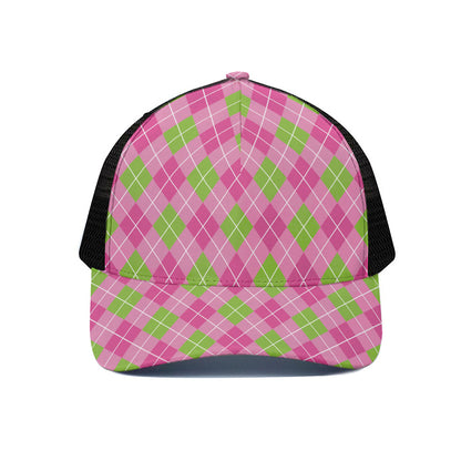Pink And Green Argyle Pattern Print Black Mesh Trucker Cap