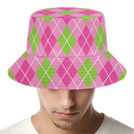 Pink And Green Argyle Pattern Print Bucket Hat