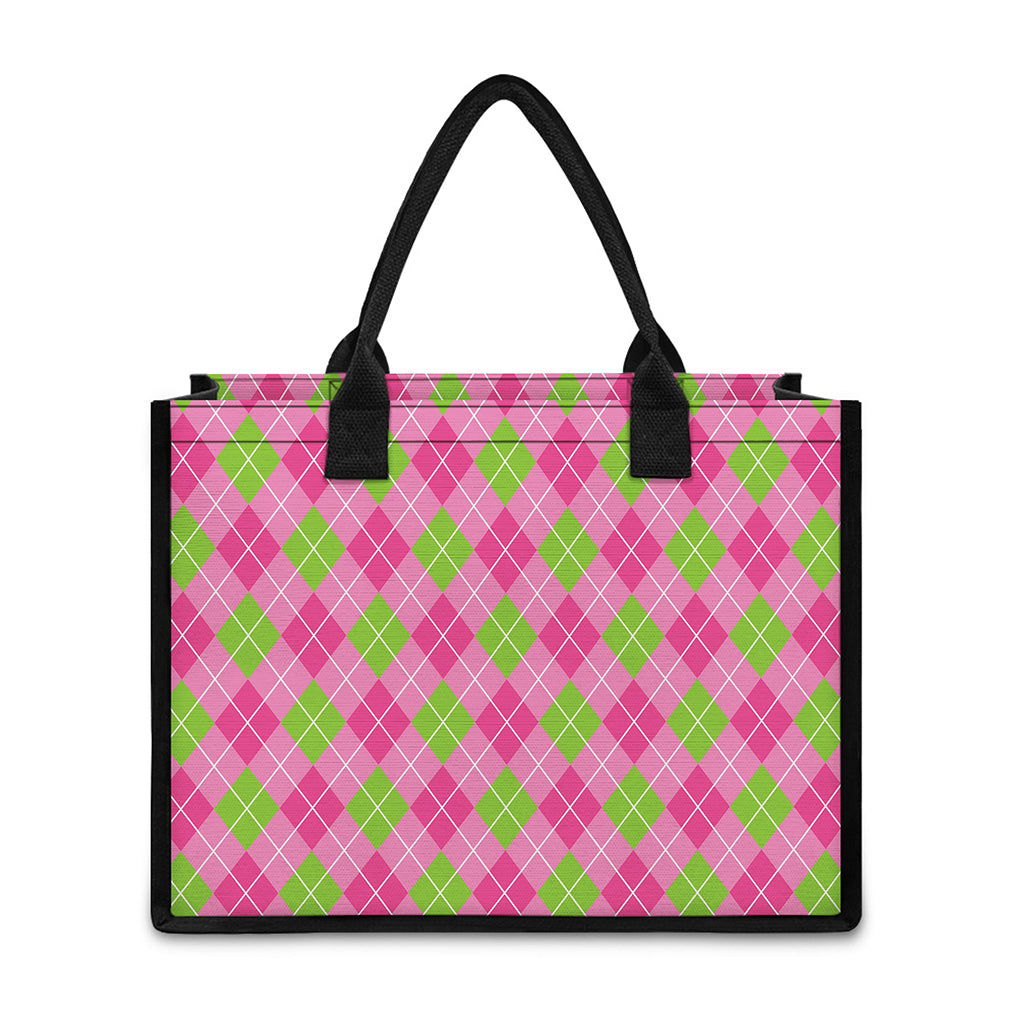 Pink And Green Argyle Pattern Print Canvas Tote Bag