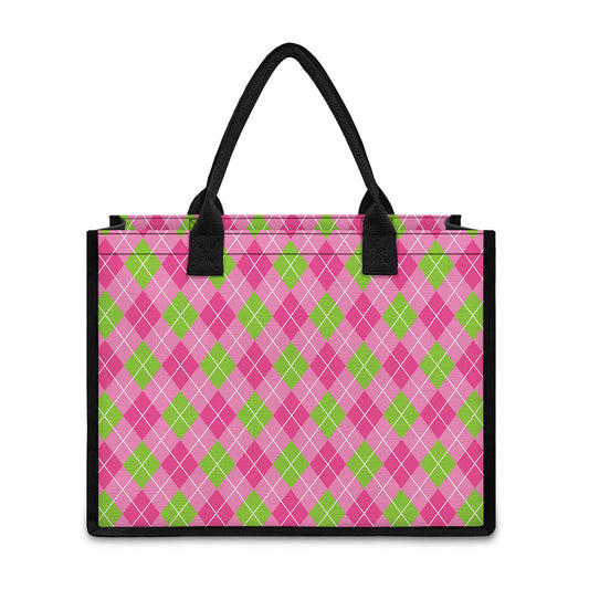 Pink And Green Argyle Pattern Print Canvas Tote Bag