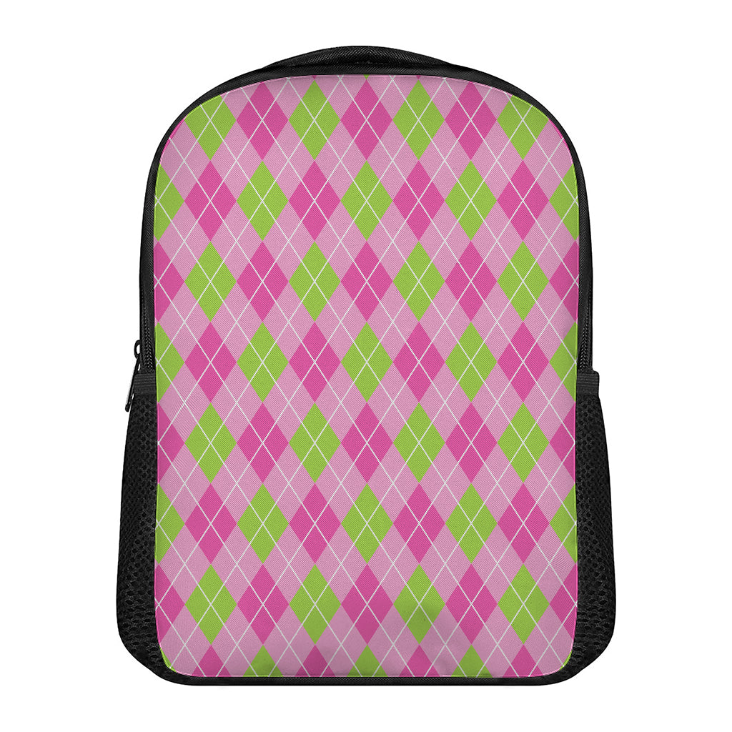 Pink And Green Argyle Pattern Print Casual Backpack