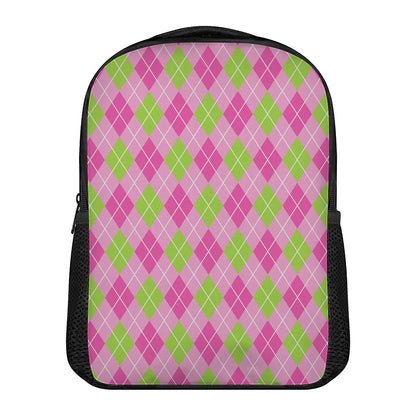 Pink And Green Argyle Pattern Print Casual Backpack