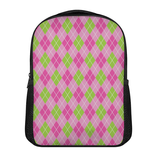 Pink And Green Argyle Pattern Print Casual Backpack