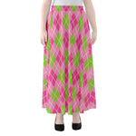 Pink And Green Argyle Pattern Print Chiffon Maxi Skirt