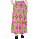 Pink And Green Argyle Pattern Print Chiffon Maxi Skirt