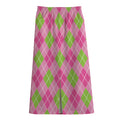 Pink And Green Argyle Pattern Print Cotton Front Slit Maxi Skirt
