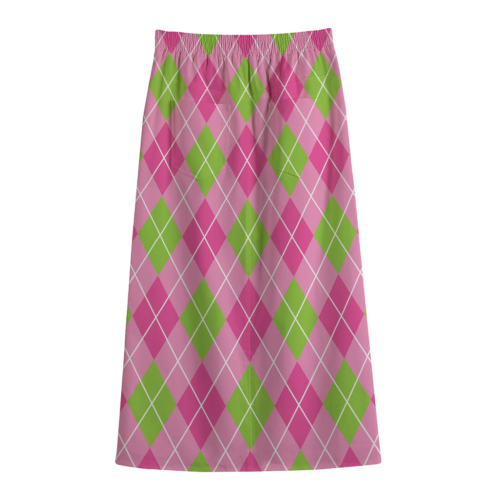 Pink And Green Argyle Pattern Print Cotton Front Slit Maxi Skirt