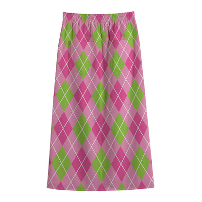 Pink And Green Argyle Pattern Print Cotton Front Slit Maxi Skirt