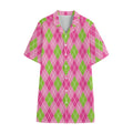 Pink And Green Argyle Pattern Print Cotton Hawaiian Shirt
