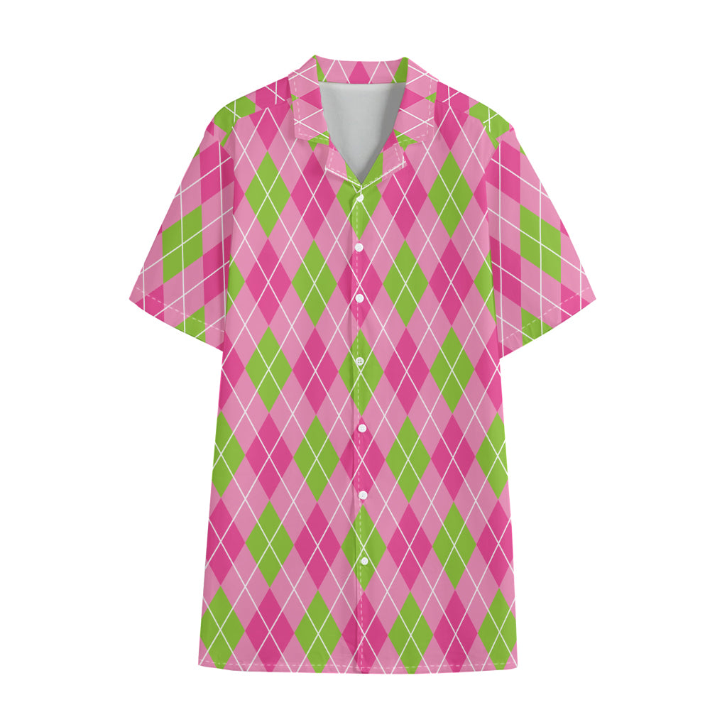 Pink And Green Argyle Pattern Print Cotton Hawaiian Shirt