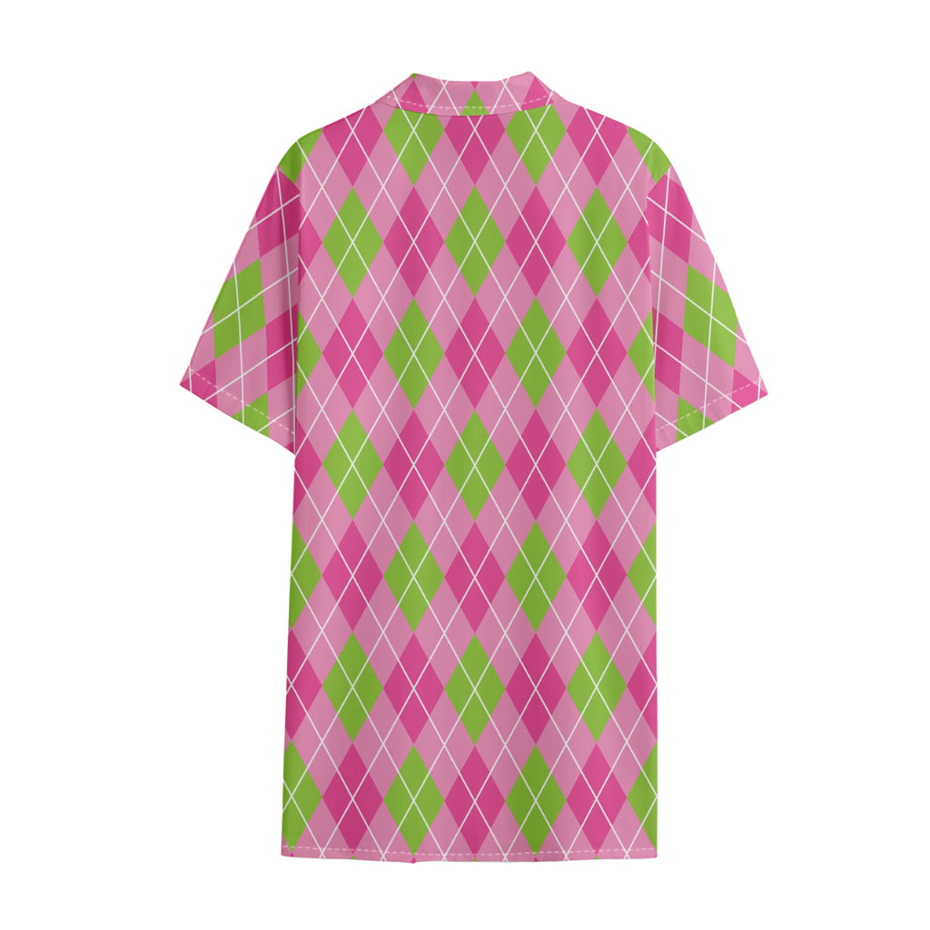 Pink And Green Argyle Pattern Print Cotton Hawaiian Shirt