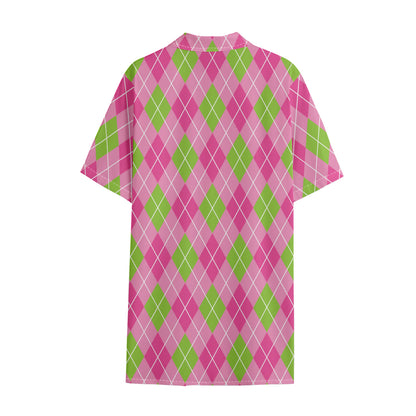 Pink And Green Argyle Pattern Print Cotton Hawaiian Shirt