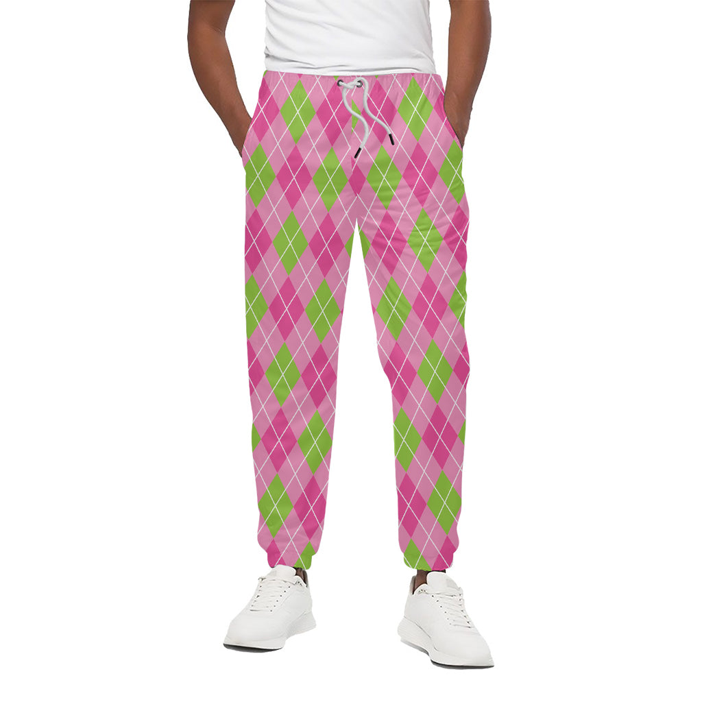 Pink And Green Argyle Pattern Print Cotton Pants