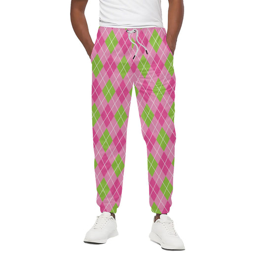 Pink And Green Argyle Pattern Print Cotton Pants