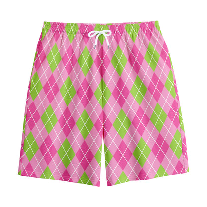 Pink And Green Argyle Pattern Print Cotton Shorts