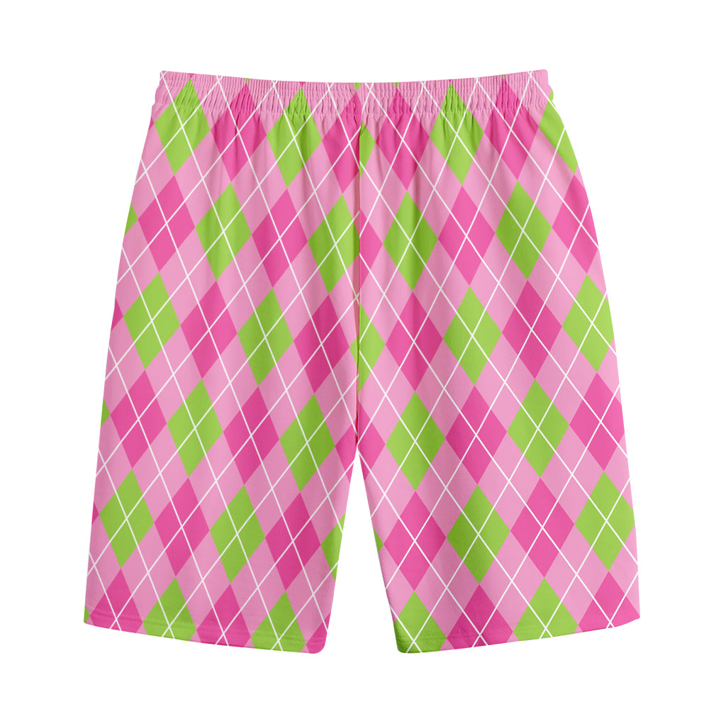 Pink And Green Argyle Pattern Print Cotton Shorts