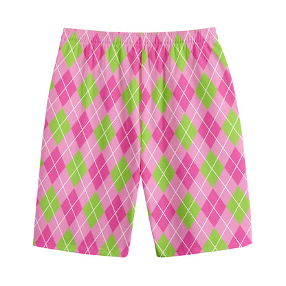 Pink And Green Argyle Pattern Print Cotton Shorts