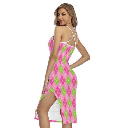 Pink And Green Argyle Pattern Print Cross Back Cami Dress