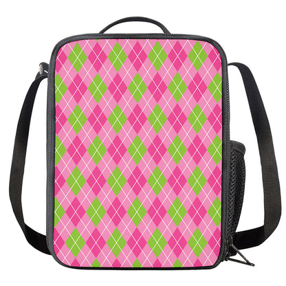 Pink And Green Argyle Pattern Print Crossbody Lunch Bag
