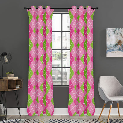 Pink And Green Argyle Pattern Print Curtain