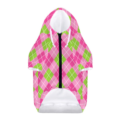 Pink And Green Argyle Pattern Print Dog Zip Up Hoodie