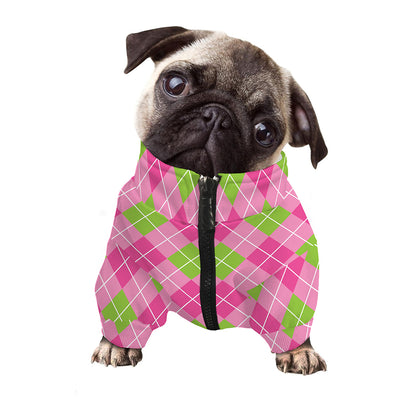 Pink And Green Argyle Pattern Print Dog Zip Up Jacket